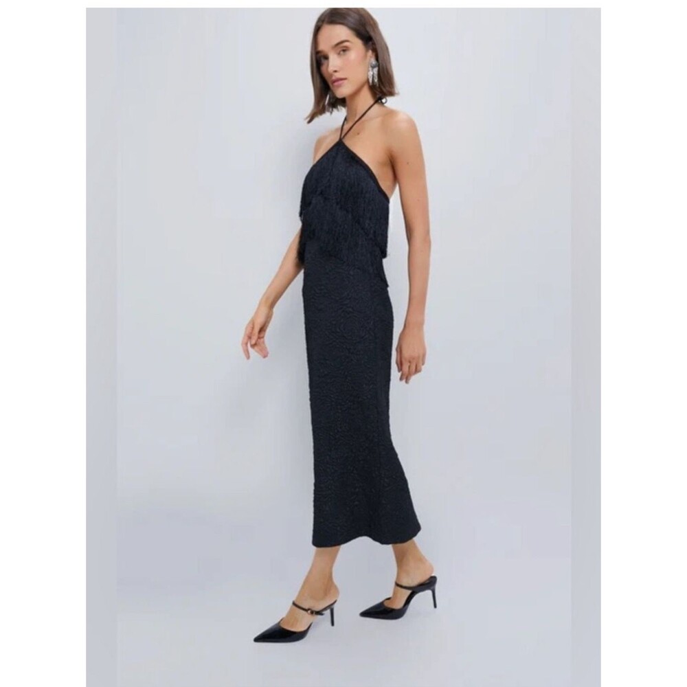 Tuckernuck Hyacinth House Black Halter Fringe Midi Dress Natalie size Small